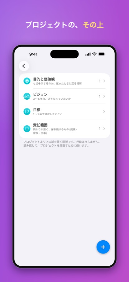 責任範囲・目標・ビジョン・目的と価値観が並ぶ画面