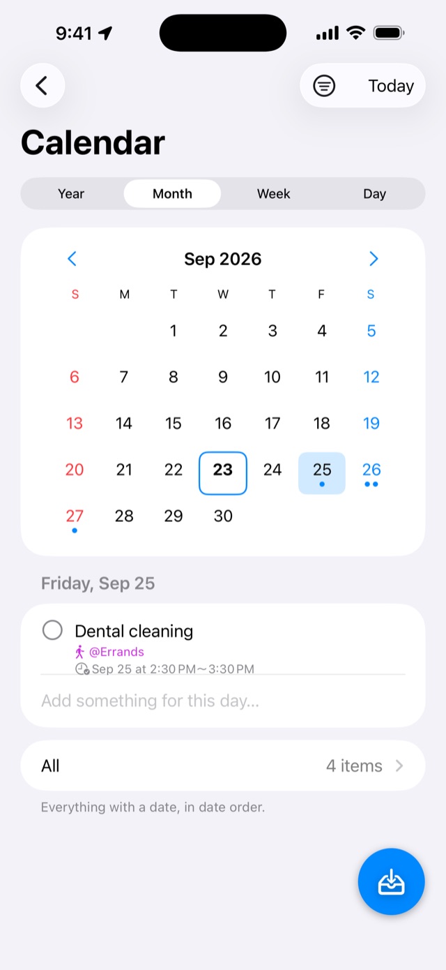 The Calendar with events and actions on the same day